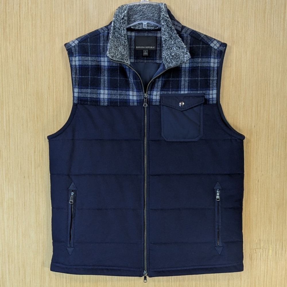 Banana Republic Mens Navy Blue Plaid Yoke Puffer Vest Sherpa Collar Size Large